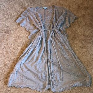 Grey Tie Front Lace Kimono